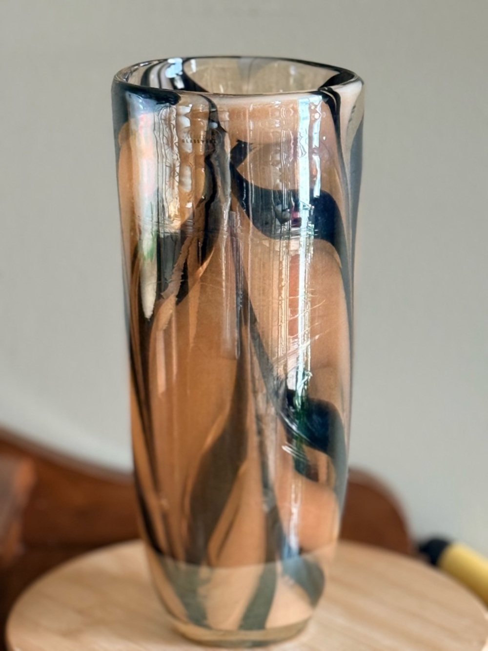 Murano 11.5” Amber and Black Swirl Art Glass Vase with Logo